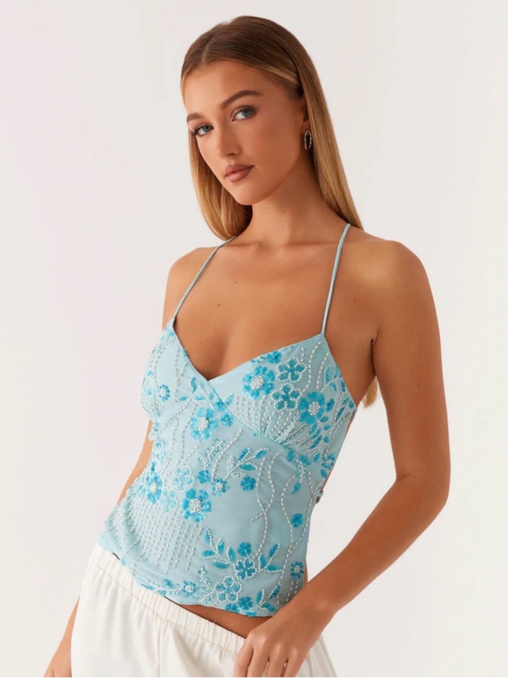 Ibiza Wear🏝️: Light Blue Beaded Floral Backless Top